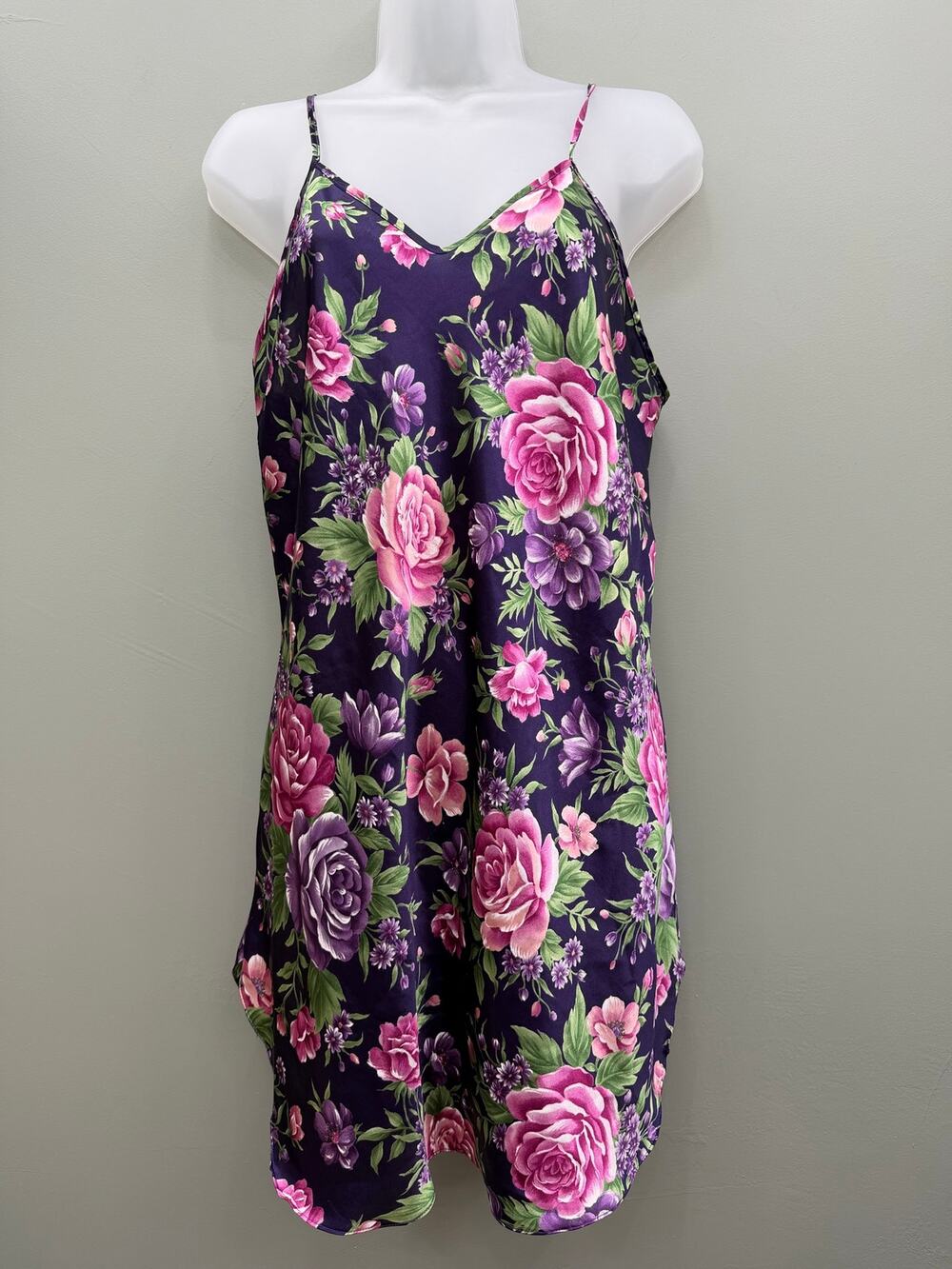 Vintage Dentelle Floral Satin Slip Dress Purple Pink Roses L 90s Y2K Made USA